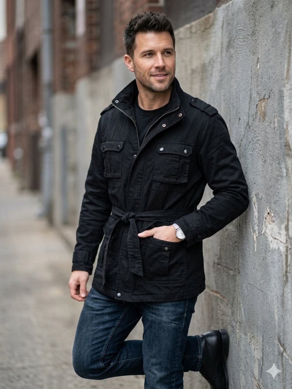 Men's Black Belted Field Jacket with Utility Pockets • Size L